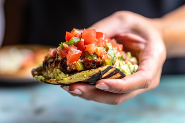 Hand holding a grilled avocado half stuffed with salsa