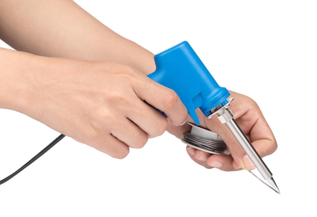 hand holding Gun electric solder for soldering electronic work isolated on a white background.