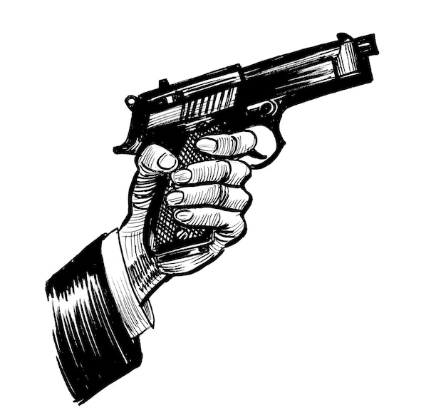 A hand holding a gun is shown in a black and white drawing.