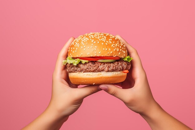 hand holding a hamburger on blue pastel background by Generative AI