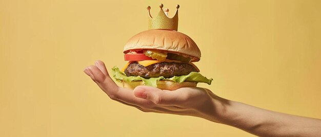 Photo a hand holding a hamburger with a crown on top