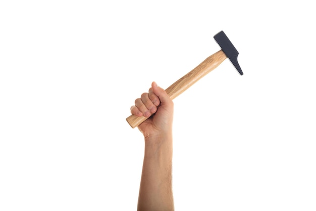 Hand holding a hammer isolated on white background