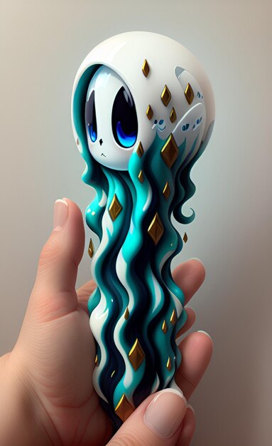 A hand holding a hand holding a toy with a blue hair design.