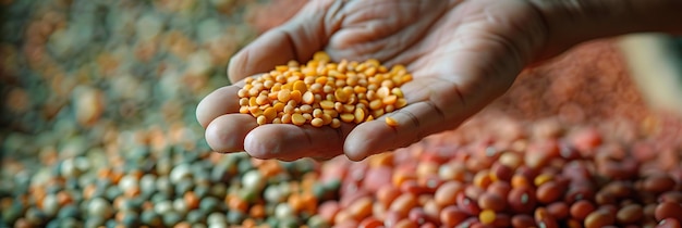 Hand Holding Handful of Legume Seeds in Warehouse