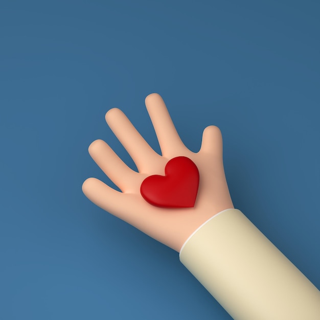 Hand holding a heart High angle of a cartoon palm with red heart 3d render 3d illustration