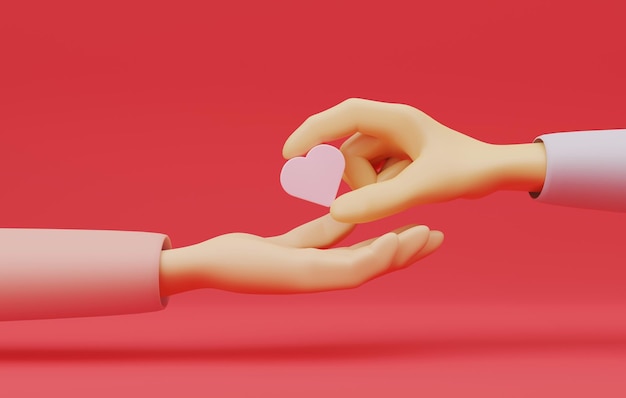 Hand holding heart on pink background.