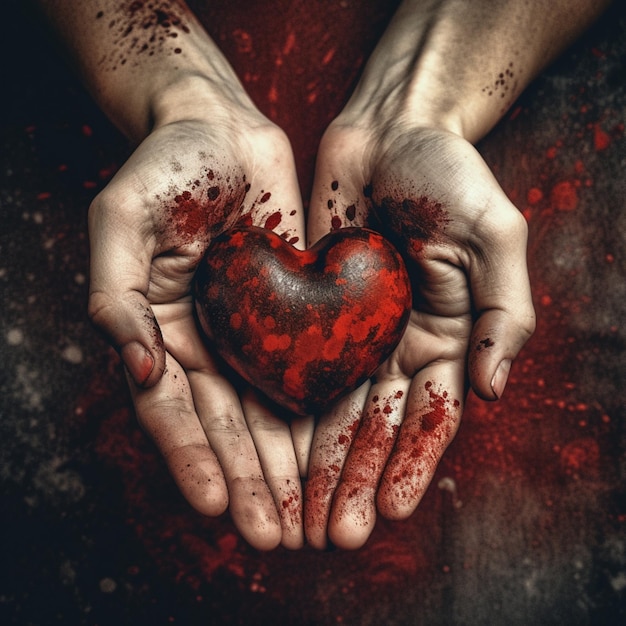 A hand holding a heart with blood on it