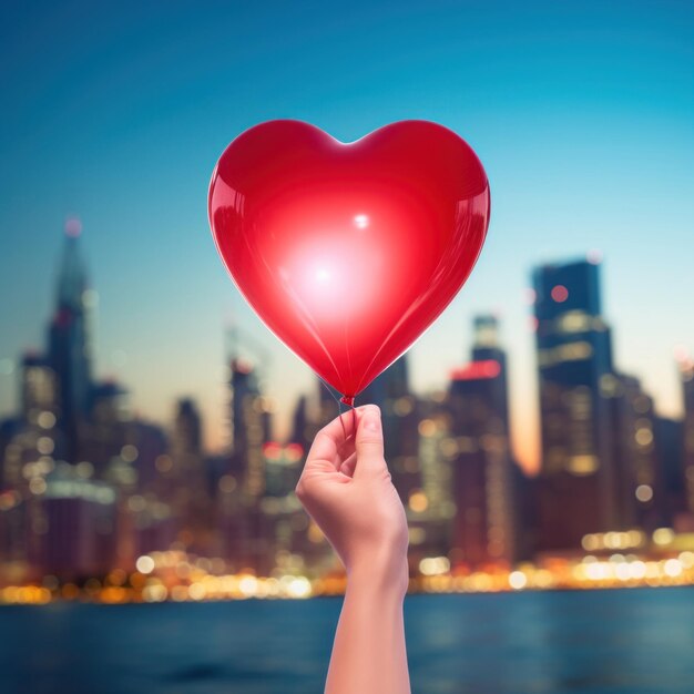 Hand holding heartshaped balloon against blurred city lights