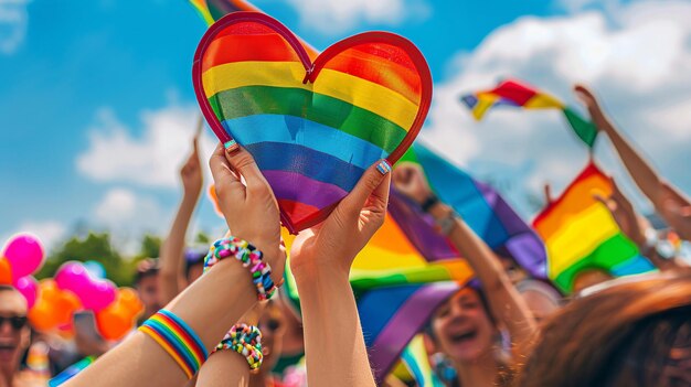 Premium Photo | Hand holding a heartshaped flag made of rainbow at an ...