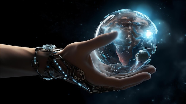 рука держит голограмму цифровых технологий мира и земли, созданную с использованием генеративного ИИ