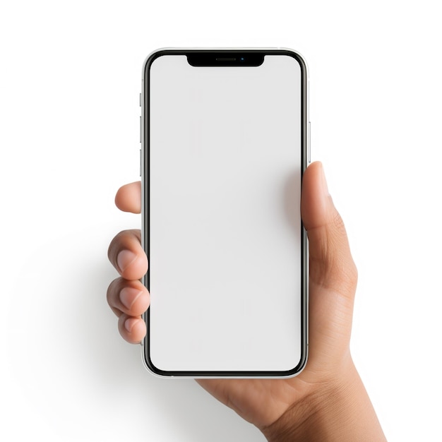 Hand holding a horizontal plain white smartphone