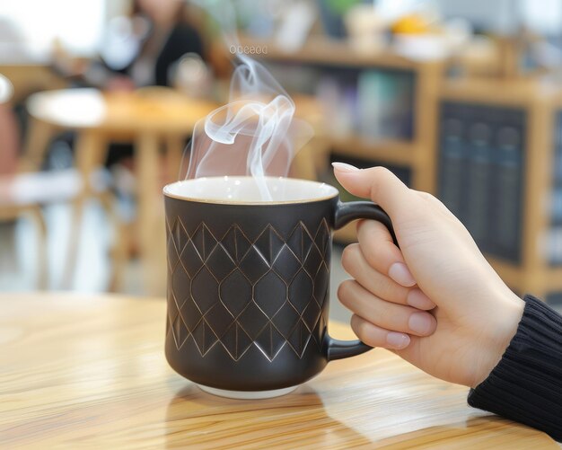 Photo hand holding a hot beverage in a black ceramic mug with steam rising in a cozy cafe setting amid