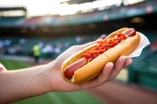 Photo hand holding a hot dog at a ballpark