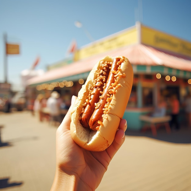 Foto hand holding hot dog con senape e ketchup su sfondo sfocato