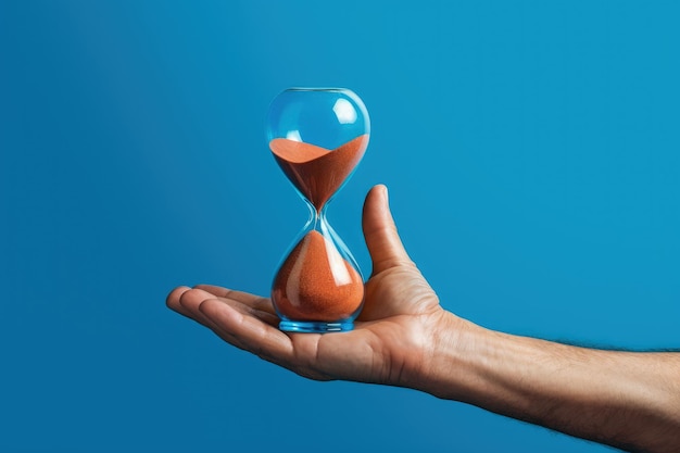 Hand holding an hourglass on blue background AI