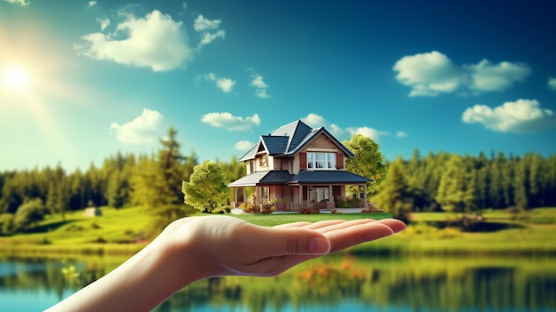 Hand holding a house on background of a summer lands