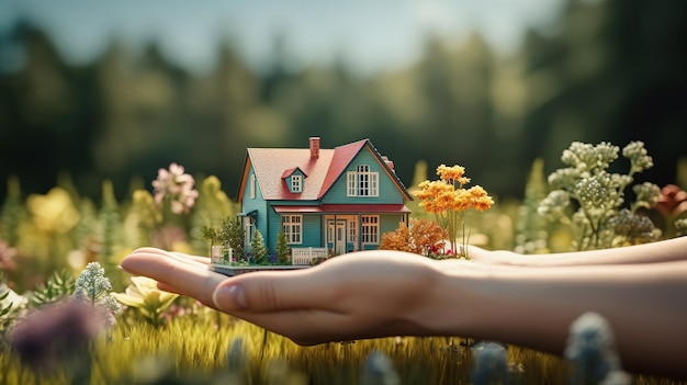 Hand holding a house on background of a summer landscape Ideal for advertising of private houses