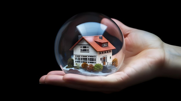 hand holding a house in the glass globe for insurance protection concept