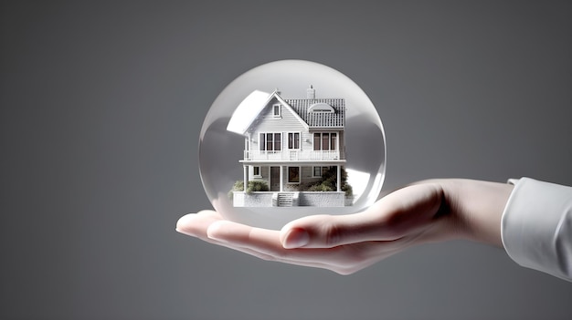 hand holding a house in the glass globe for insurance protection concept