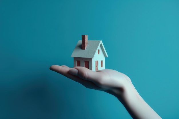 Hand holding a house property and investment concept blue background digital illustration ai