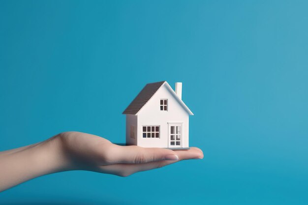 Photo hand holding a house property and investment concept blue background digital illustration ai