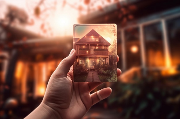 a hand holding a house with a house on the screen