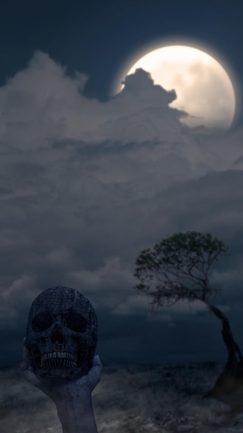 Photo hand holding human skull head with night scene background scary skull halloween concept