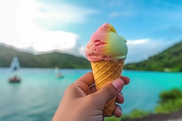 Hand holding ice cream on the background of the beach