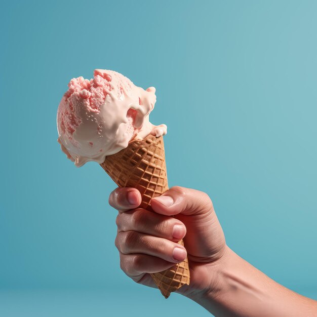 Hand holding ice cream on a blue background