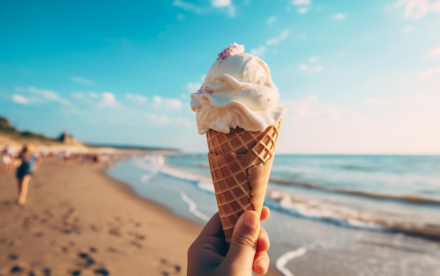 A hand holding an ice cream cone on a beach AI