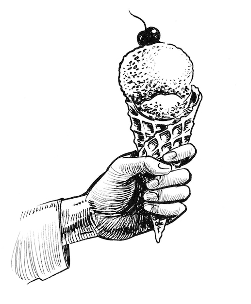 Hand holding ice cream cone. Ink black and white drawing