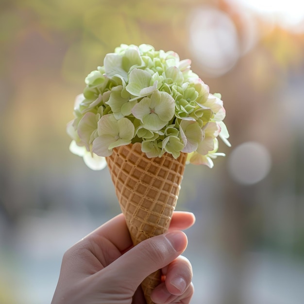 Photo a hand holding an ice cream cone made of green and white flowers