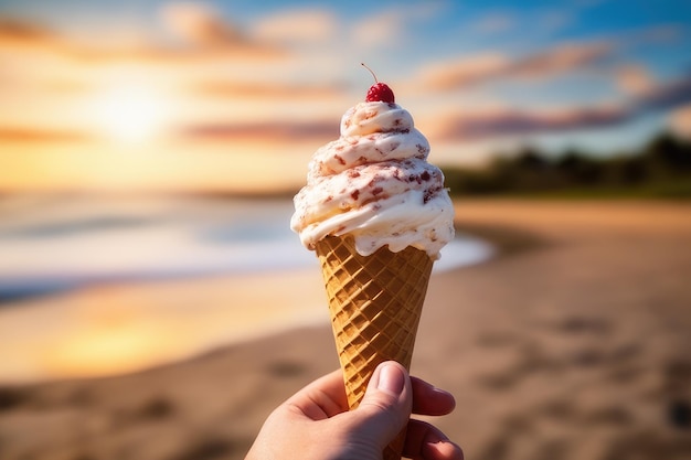 Hand holding ice cream cone outdoor