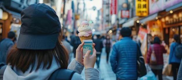 아이스크림 코너를 들고 가게 앞에 있는 바쁜 거리에서 걸어가는 손