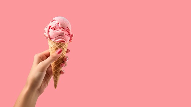 Foto una mano che tiene un cono di gelato con uno sfondo rosa