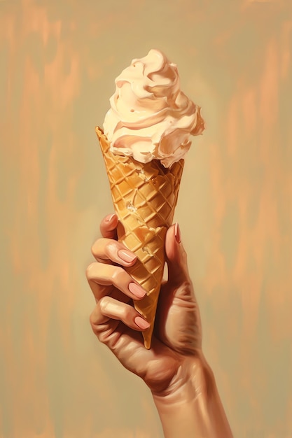 アイスクリームという言葉が書かれたアイスクリームコーンを持っている手