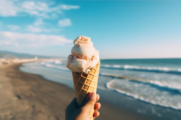 Hand Holding Ice Cream with Retro Beach View Background