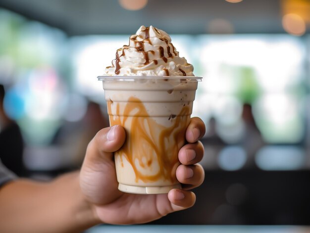 Hand holding iced latte coffee with whipped cream and caramel topping