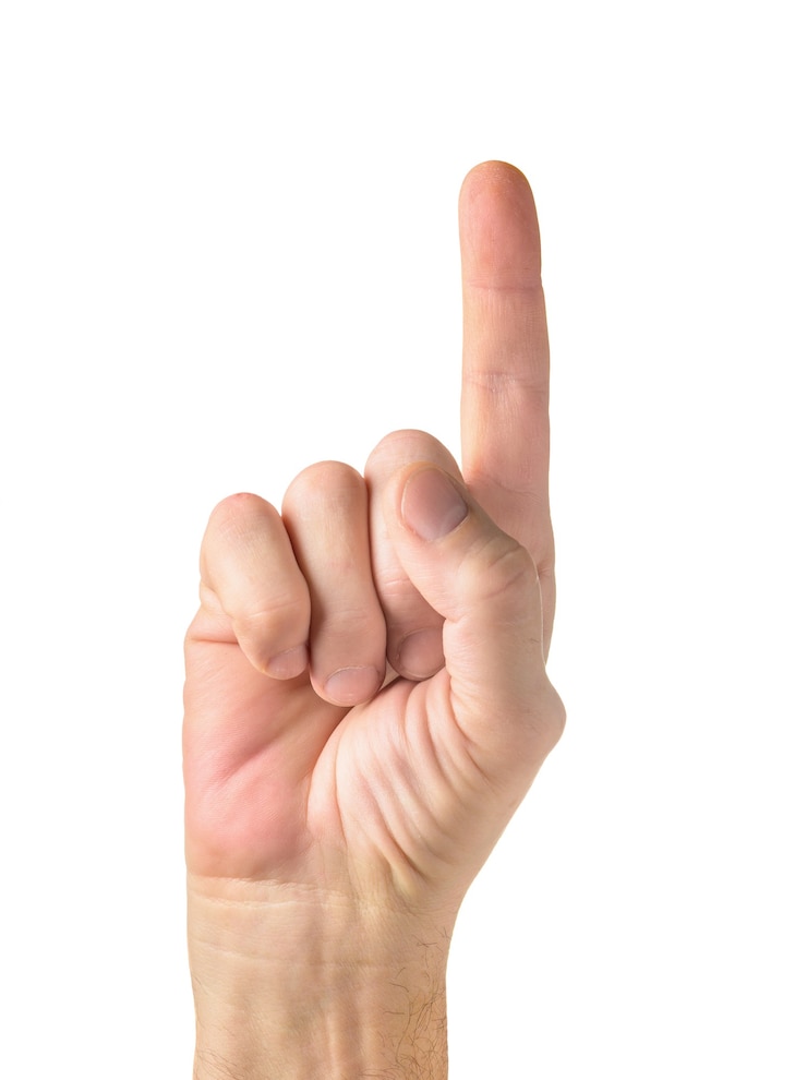 Photo hand holding index finger up isolated