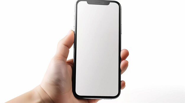 hand holding an iPhone with blank screen mockup white background