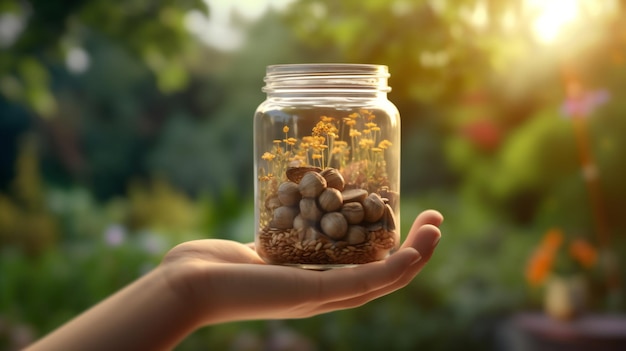 A hand holding a jar with rocks inside