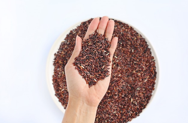 Hand holding Jasmine red rice on white plate against white background