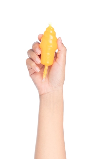 hand holding Jelly in plastic containers shape ice cream isolated on white background.