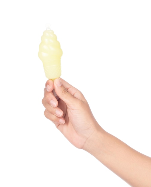 hand holding Jelly in plastic containers shape ice cream isolated on white background.