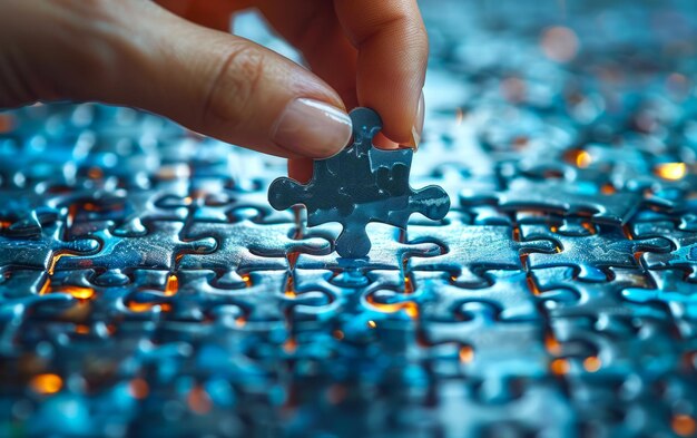 Photo hand holding jigsaw puzzle piece business concept