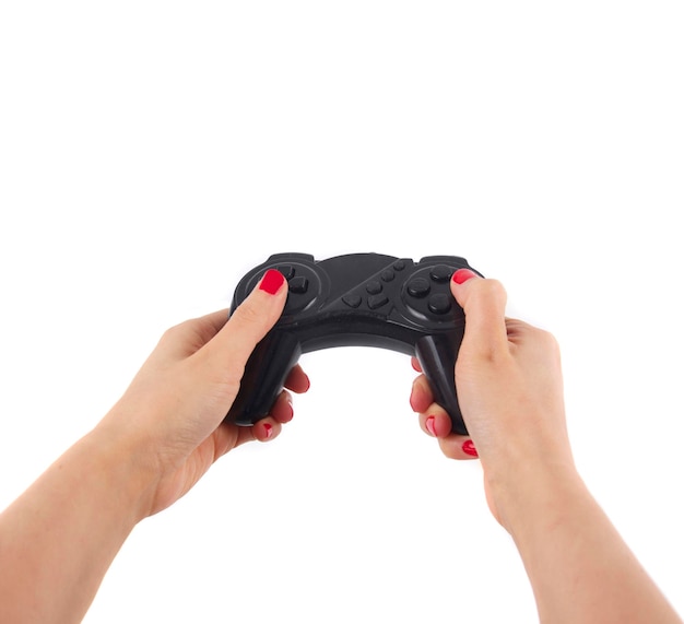 hand holding joystick on white background