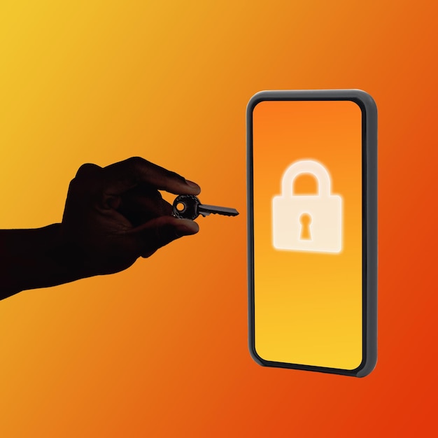 Hand holding key near smartphone with lock icon orange background