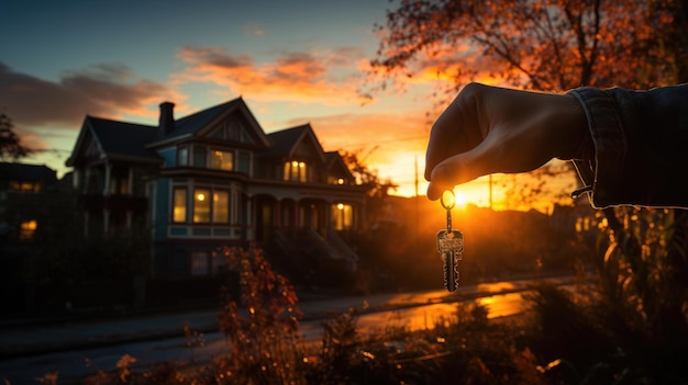 A hand holding a key poised in front of a beautiful house nestled in a desirable neighborhood
