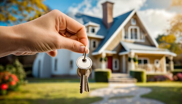 Фото Рука держит ключи с красивым размытым домом на заднем плане концепция покупки дома