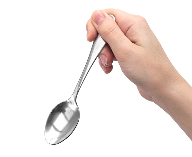 Hand holding kitchen spoon, isolated on a white background photo